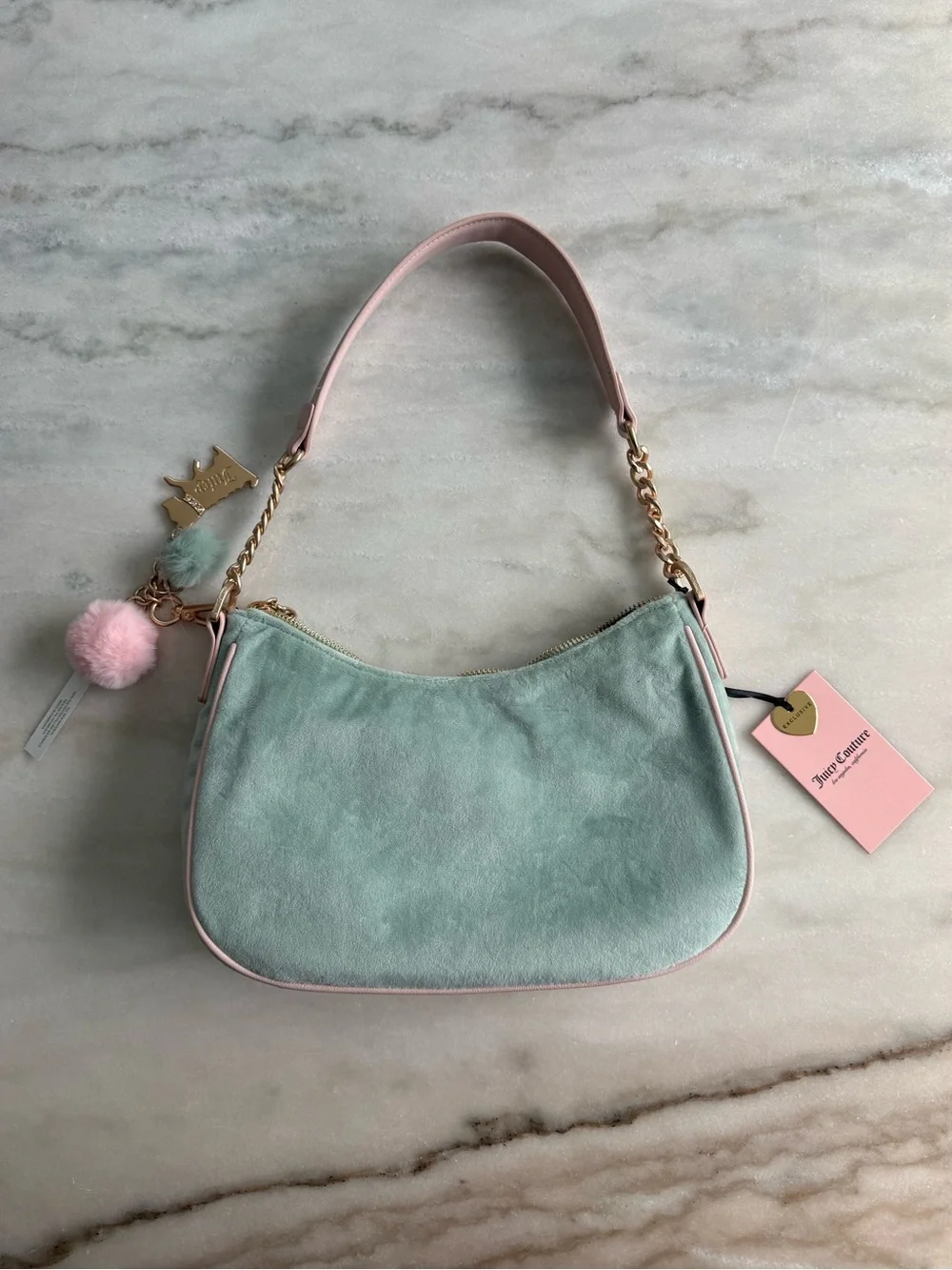 Juicy Couture NWT New Love Chapter Velour Shoulder Bag Frosty Green Pink Y2K
